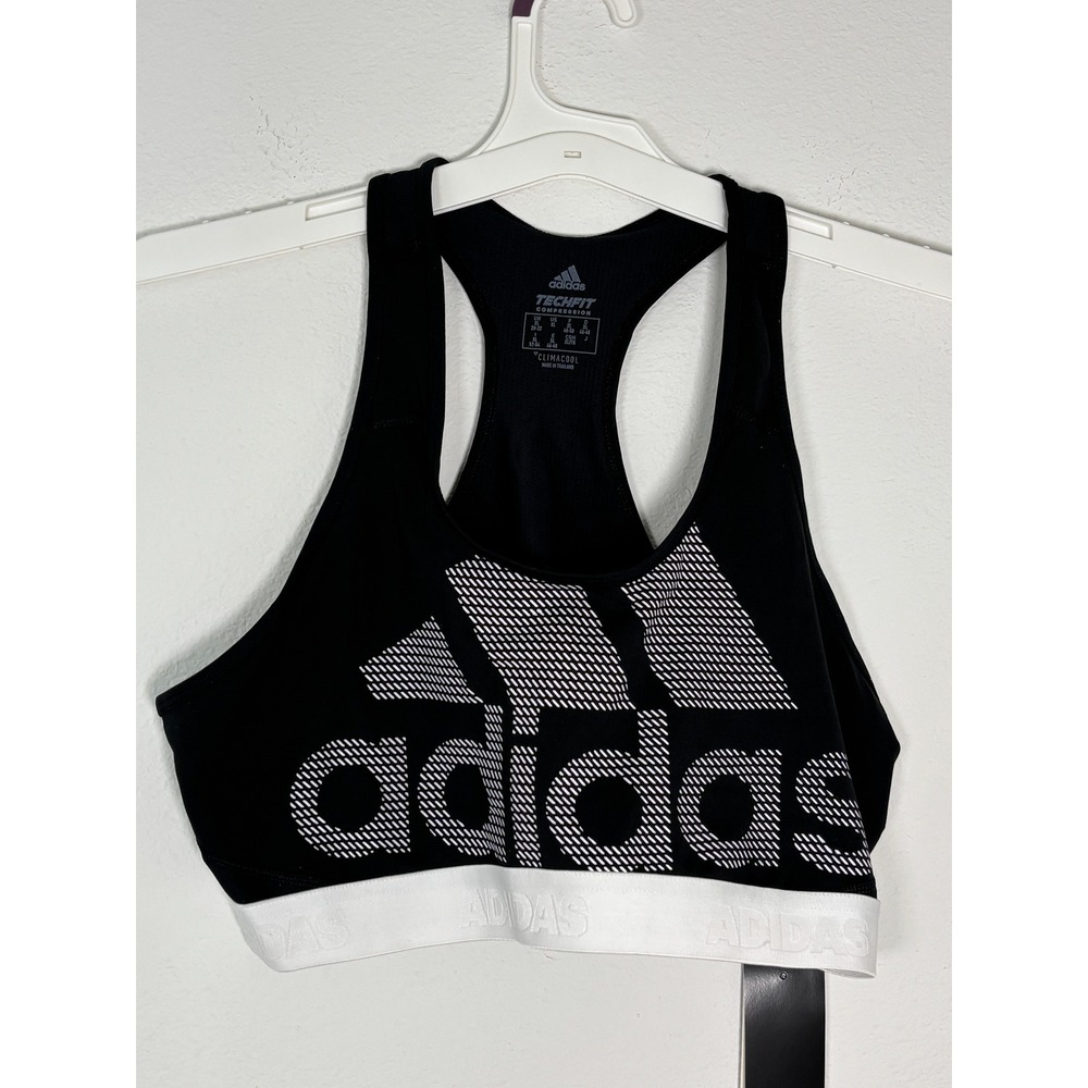 Adidas Alphaskin Sports Bra Black White Logo Hem Racerback Athletic Top NEW
